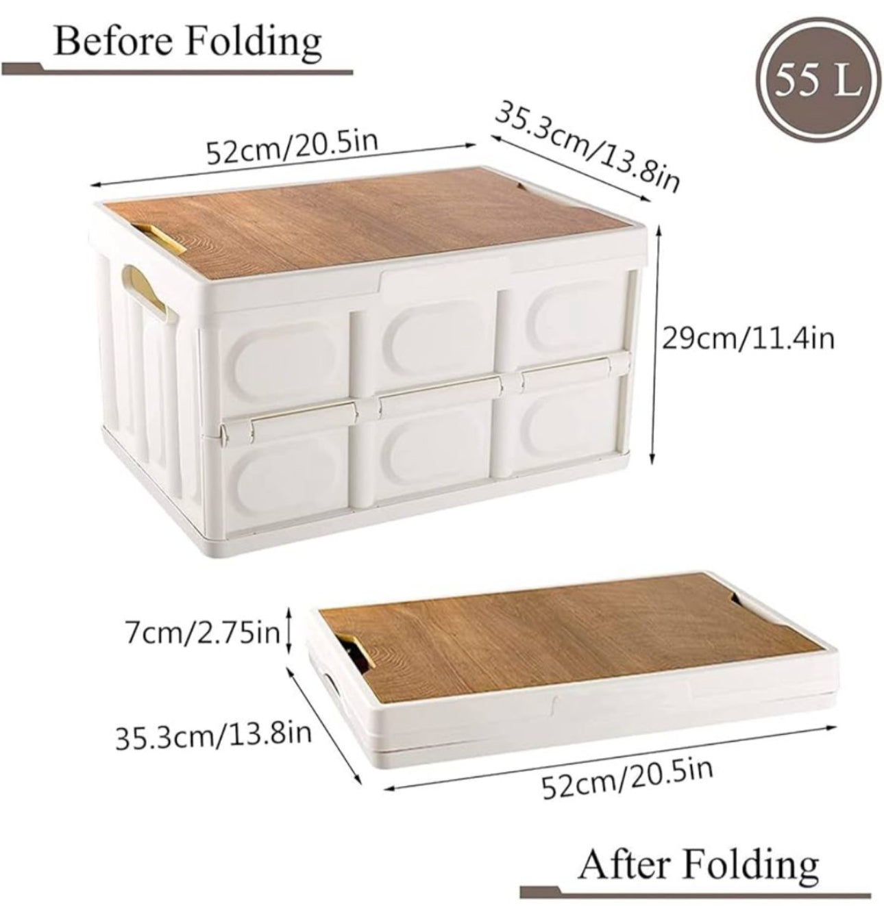 Folding Storage Camping Box with Wooden Lids, Heavy Duty Folding Storage Box Large Foldable Plastic Storage Bins Organizer Container for Outdoor Camping Picnic Indoor Home Room Closet,55L
