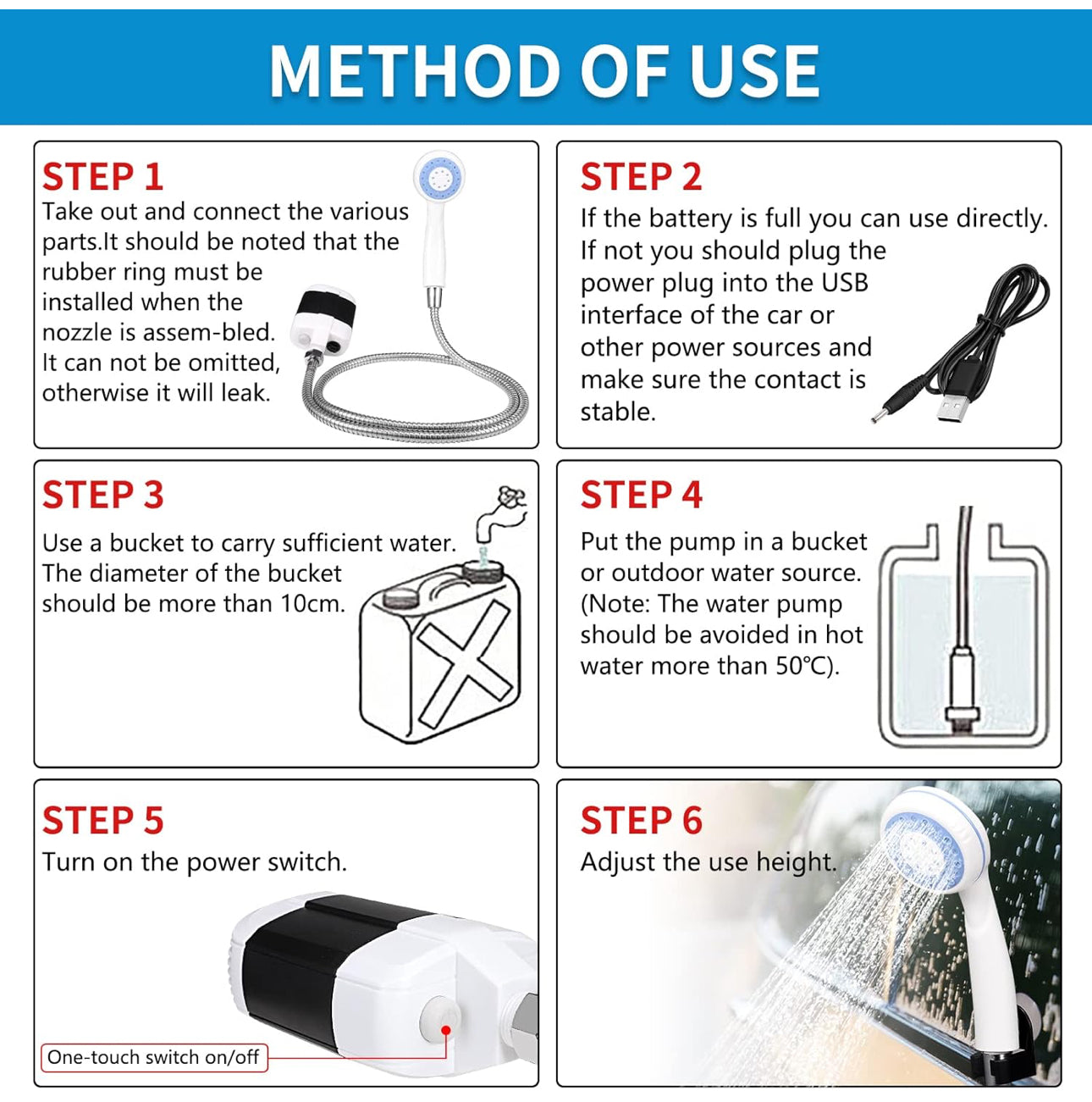 Portable Camp Shower, USB Rechargeable Outdoor Camping Shower Pump, Portable Outdoor Shower Head- Pumps Water from Bucket Into Steady, Gentle Shower Stream,for Camping, Traveling