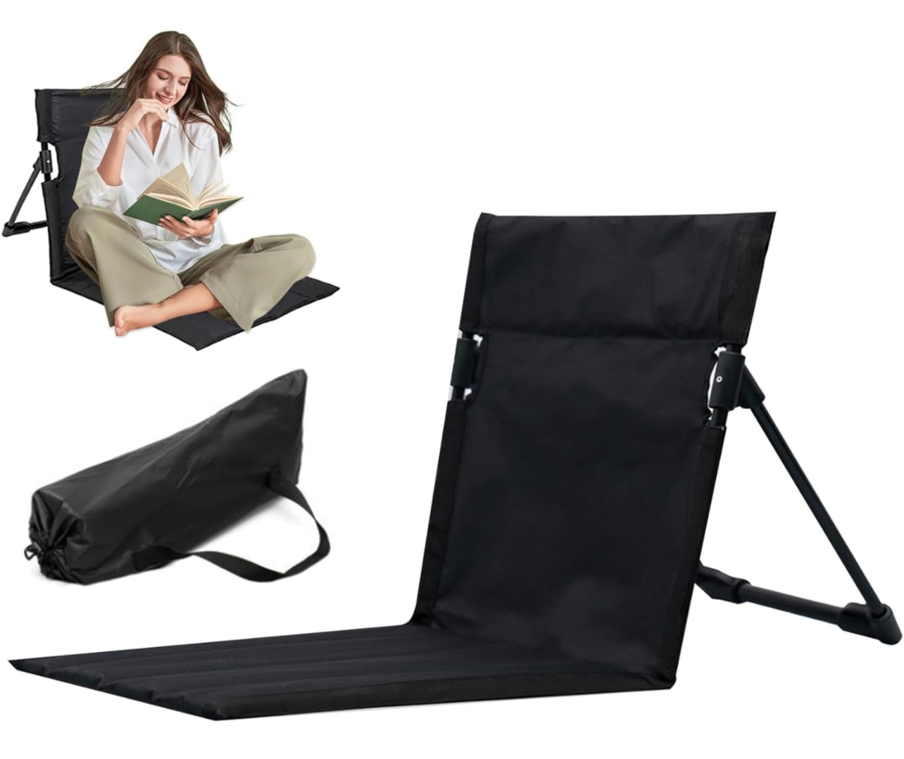 Beach Chair Beach Mat Recliner Lightweight Beach Mat with Backrest One-Step Assembly Foldable Beach Mat Chair with Carry Bag for Holidays Garden Camping Park Black
