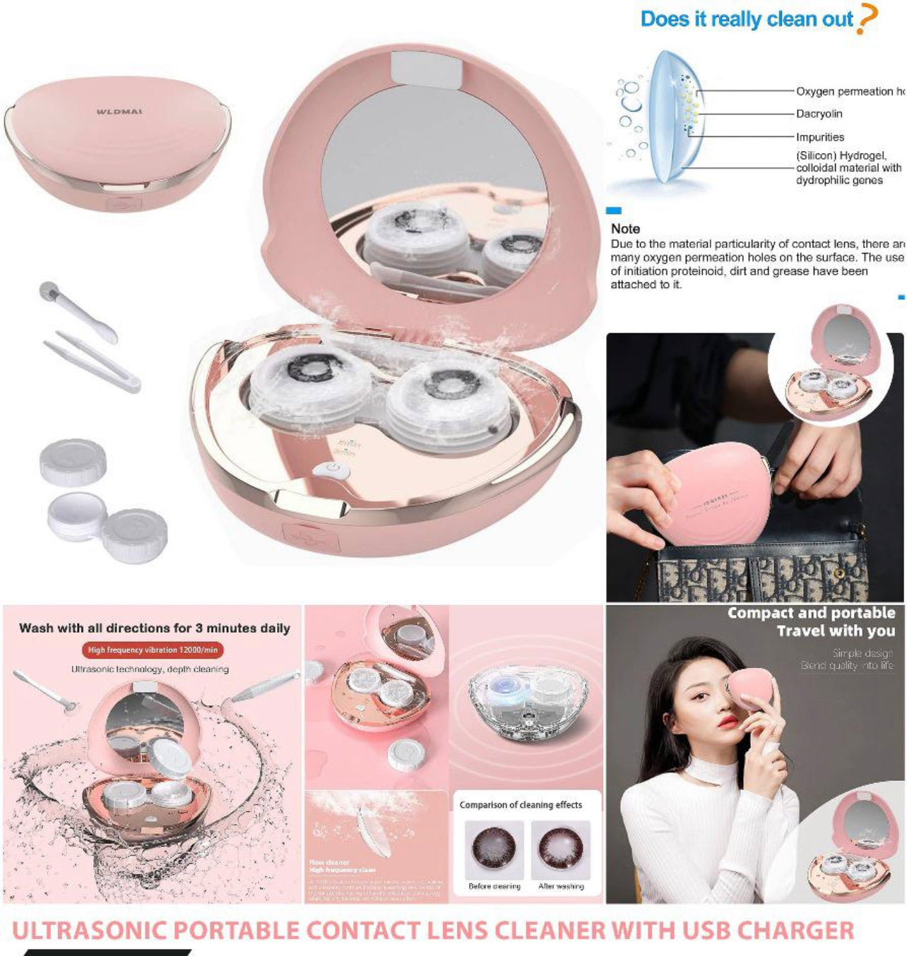 Ultrasonic Contact Lens Cleaning Machine, Contact Lenses, Lens Case, Stylish, Cleaning Case, Ultrasonic Cleaner, Color Control, Color Control, USB Charging, Protein Removal, PINK, Contact Lens Case Pink