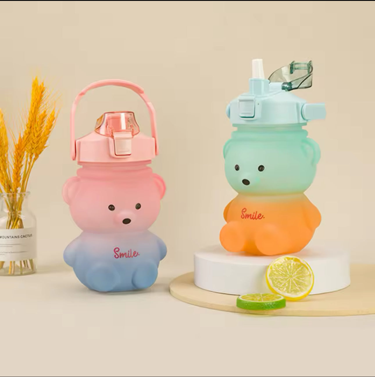 Bear Shaped Water Bottle with Built-In Straw and Carry Strap