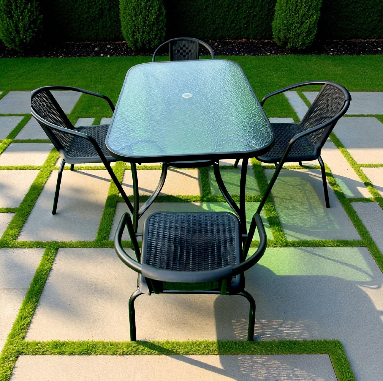 MFurn Sunshine 6 Piece Outdoor Patio Set with Steel Center Umbrella & Tempered Glass Table