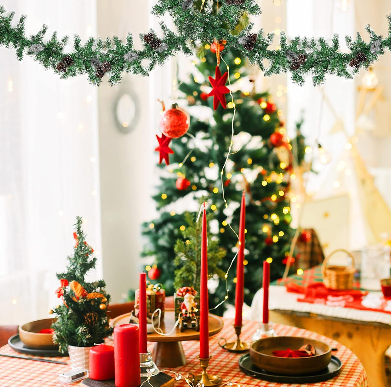 Snow Tipped Artificial Greenery Christmas Garland with Pinecones -  Soft Green Garland - Festive Christmas Indoor Decoration for Home Various Options