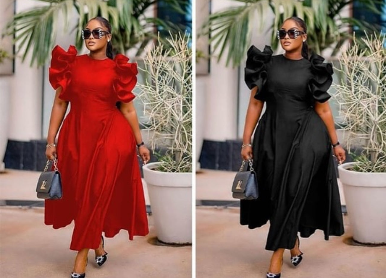 Women’s Round Neck Puff Flared Sleeves Midi Dress-Various Colours