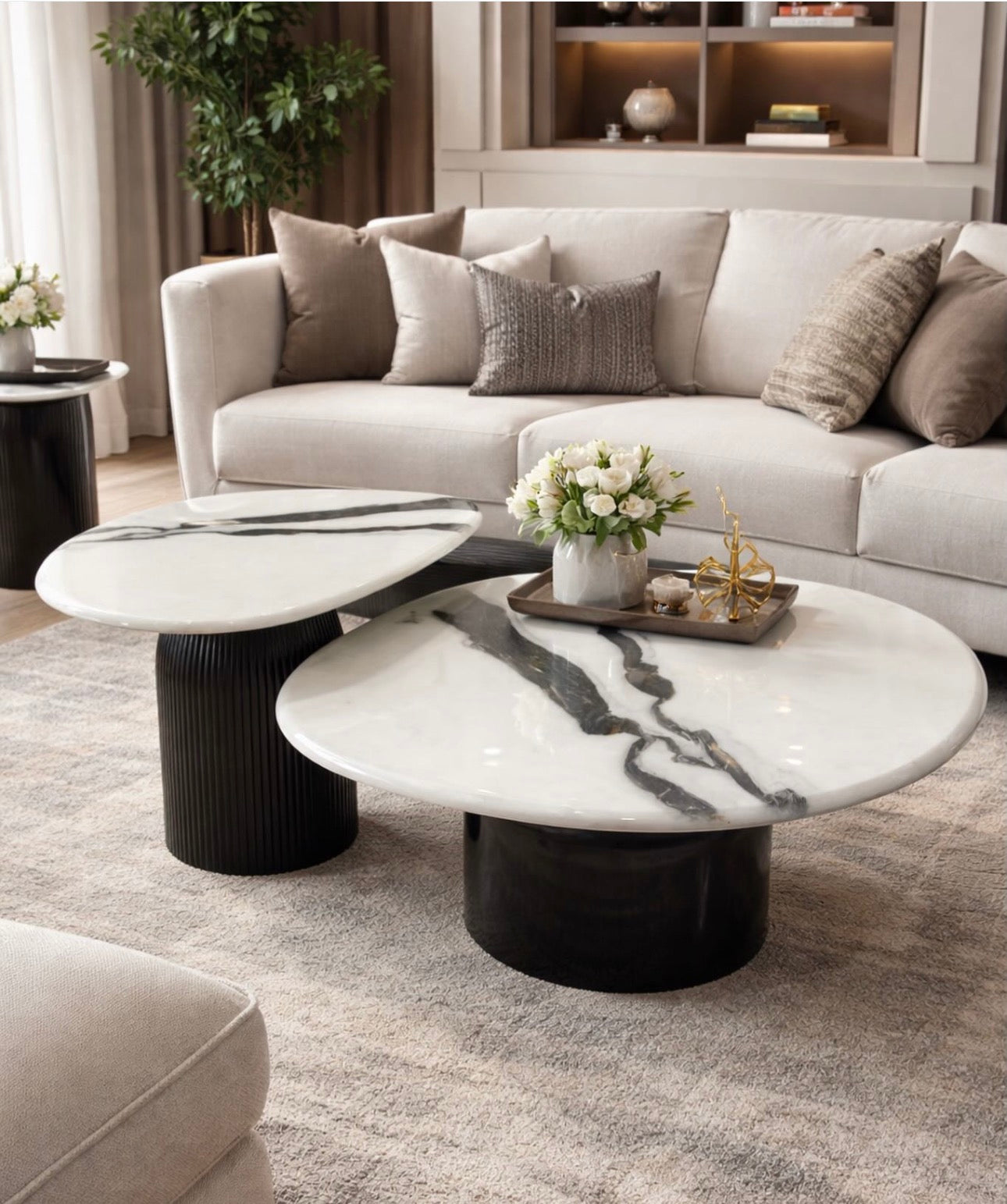 MFURN Italian Style Round Marble Table Set 2pc