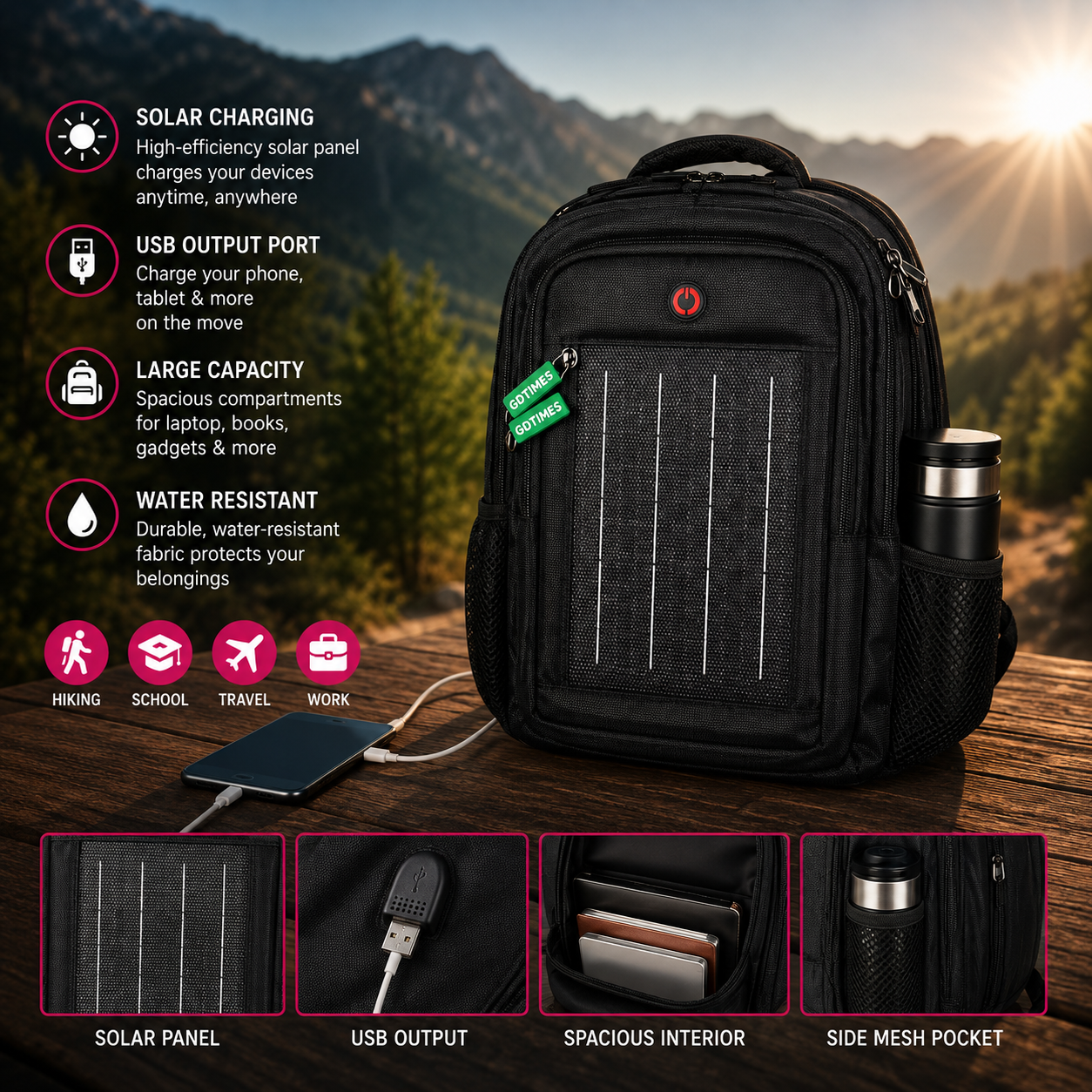 MTech Solar Backpack With USB Charging Port – Water-Resistant Laptop Backpack with Solar Panel
