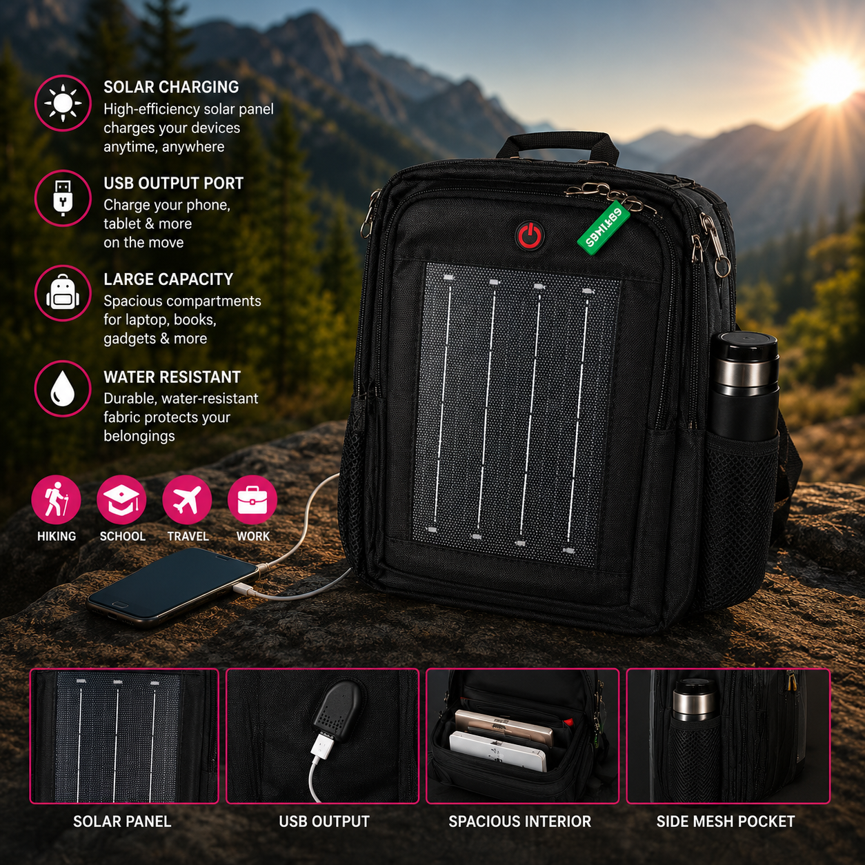 MTech Solar Backpack With USB Charging Port – Water-Resistant Laptop Backpack with Solar Panel