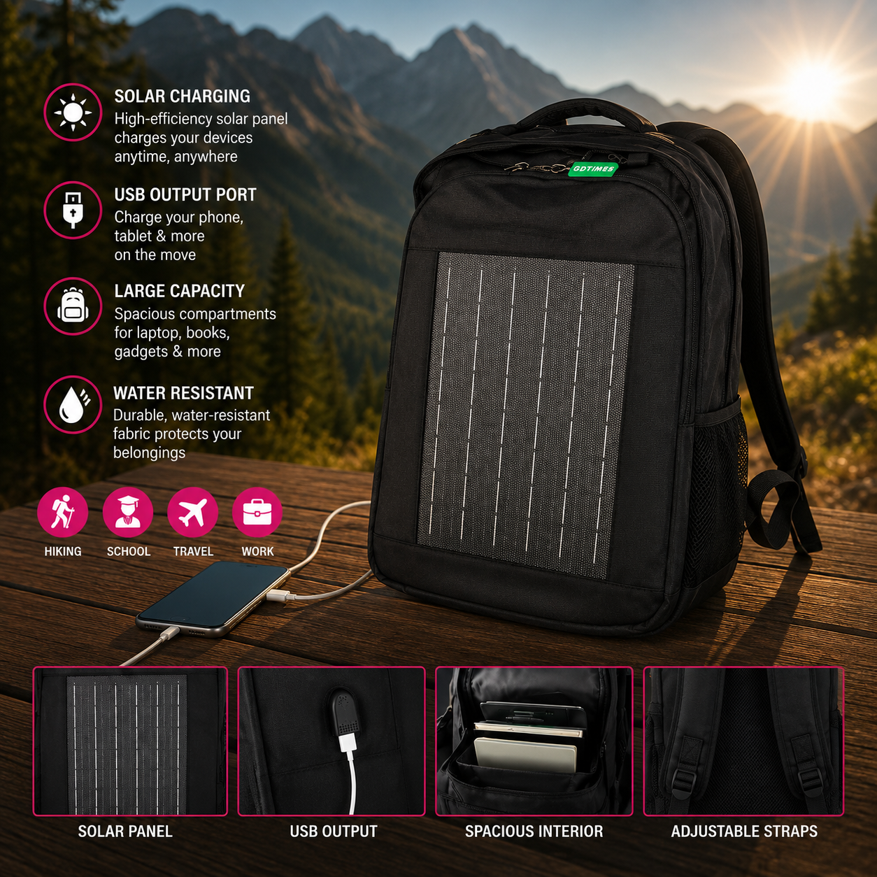 MTech Solar Backpack With USB Charging Port – Water-Resistant Laptop Backpack with Solar Panel