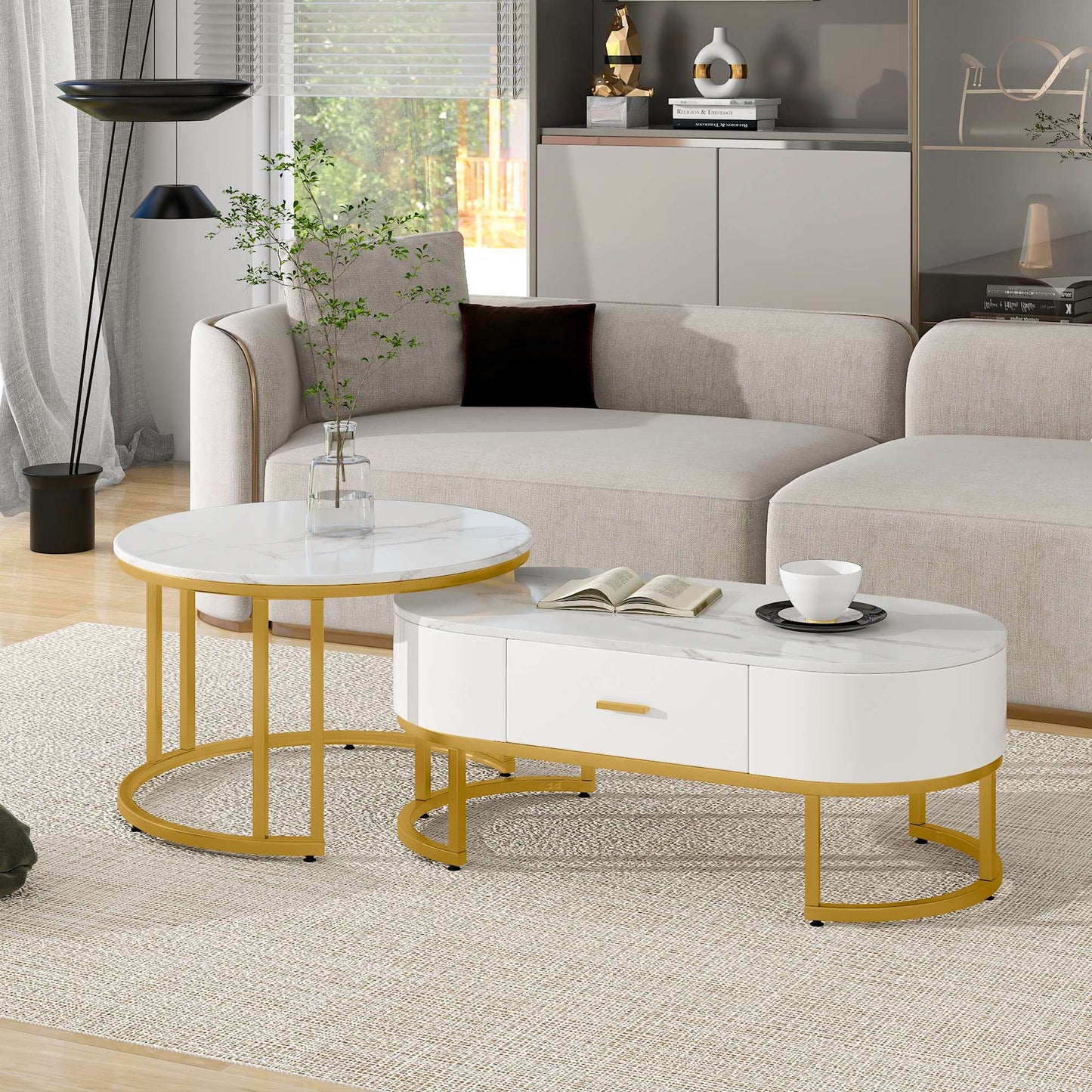 MFURN Set of 2 Nesting Modern Coffee Tables – Gold Metal Frame & Spacious Marble-Effect Surface