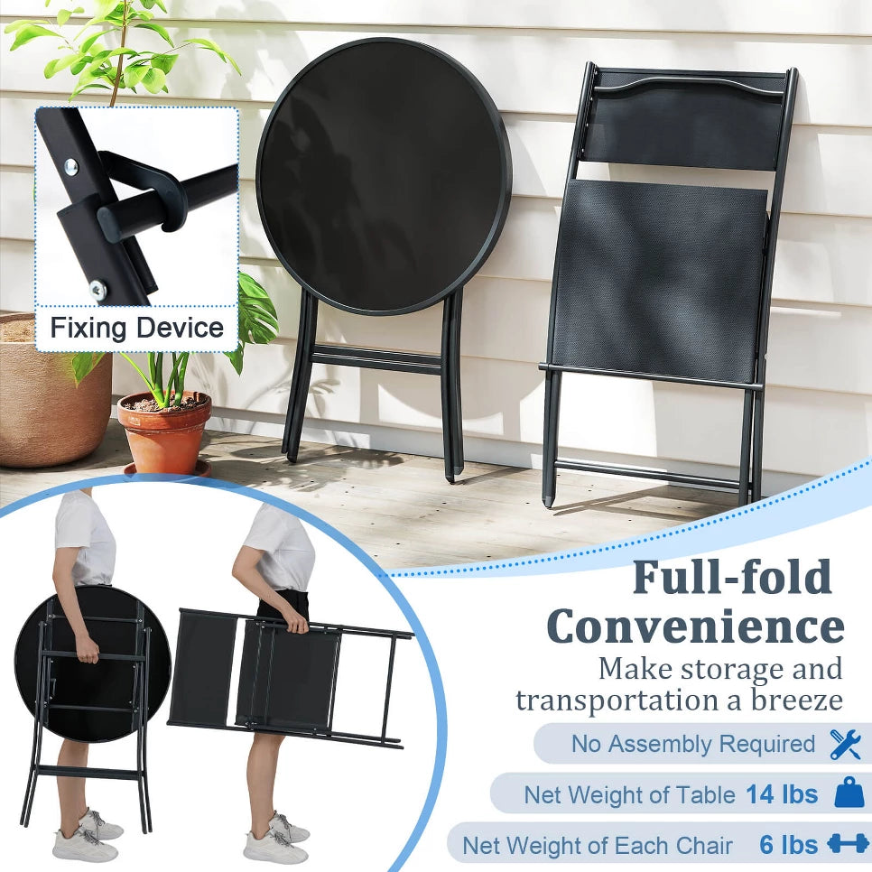 MFurn Alicia 3-Piece Black Folding Patio Bistro Set with Glass Table