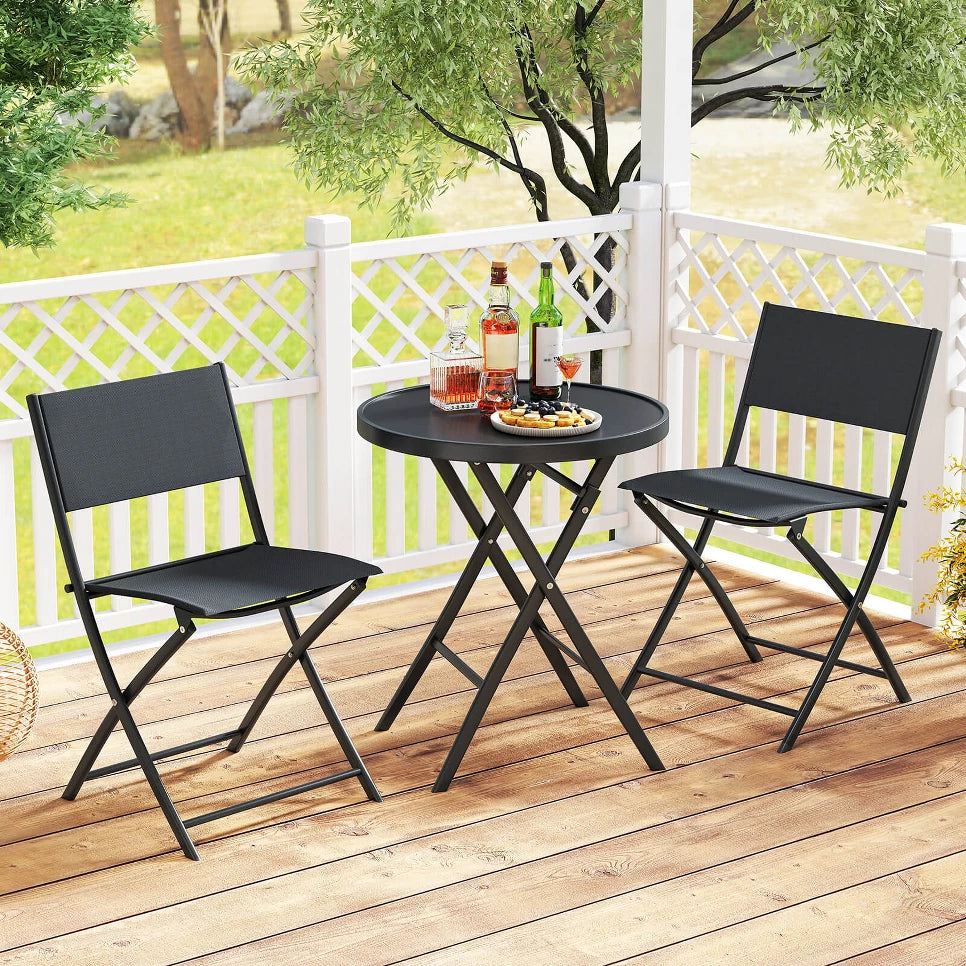 MFurn Alicia 3-Piece Black Folding Patio Bistro Set with Glass Table