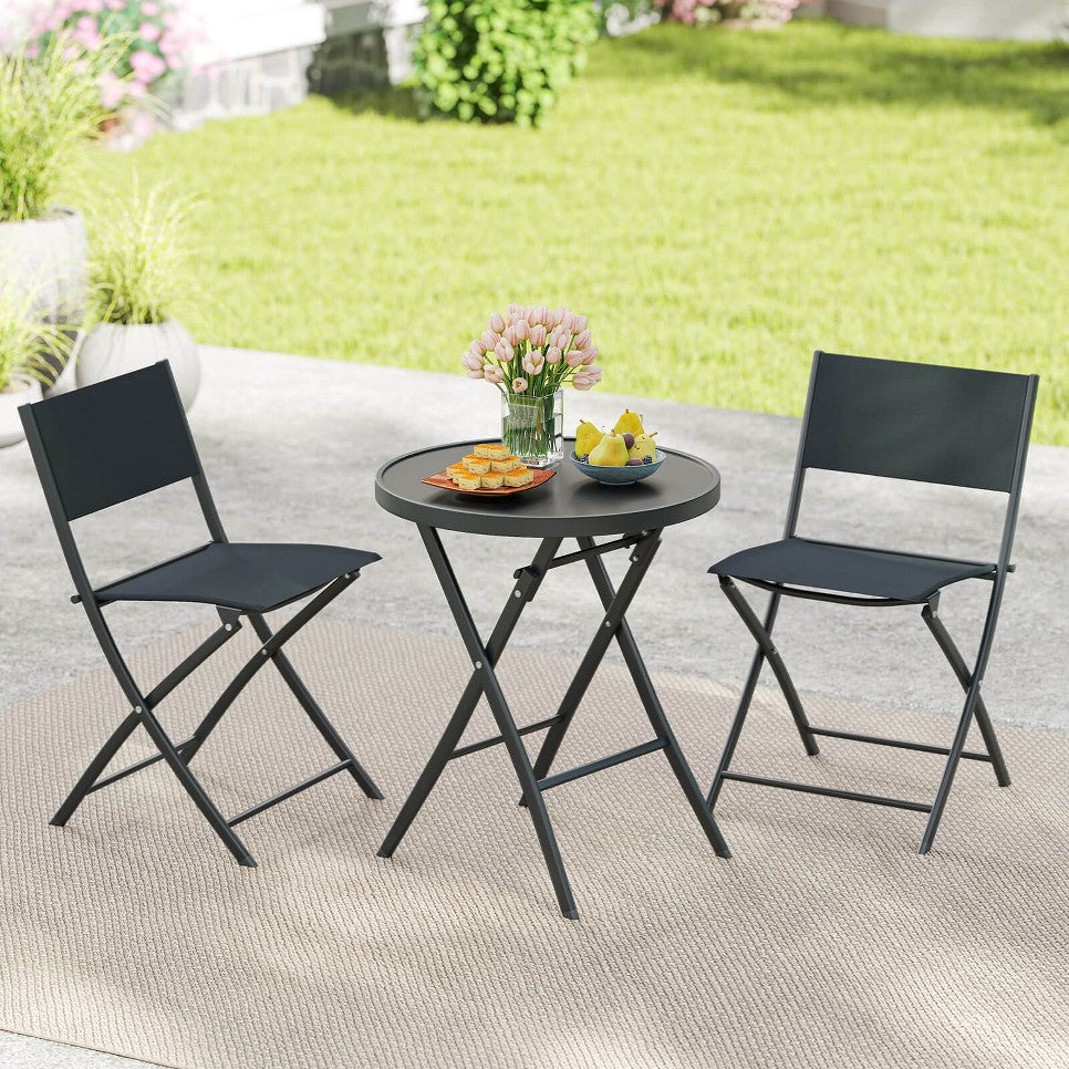MFurn Alicia 3-Piece Black Folding Patio Bistro Set with Glass Table