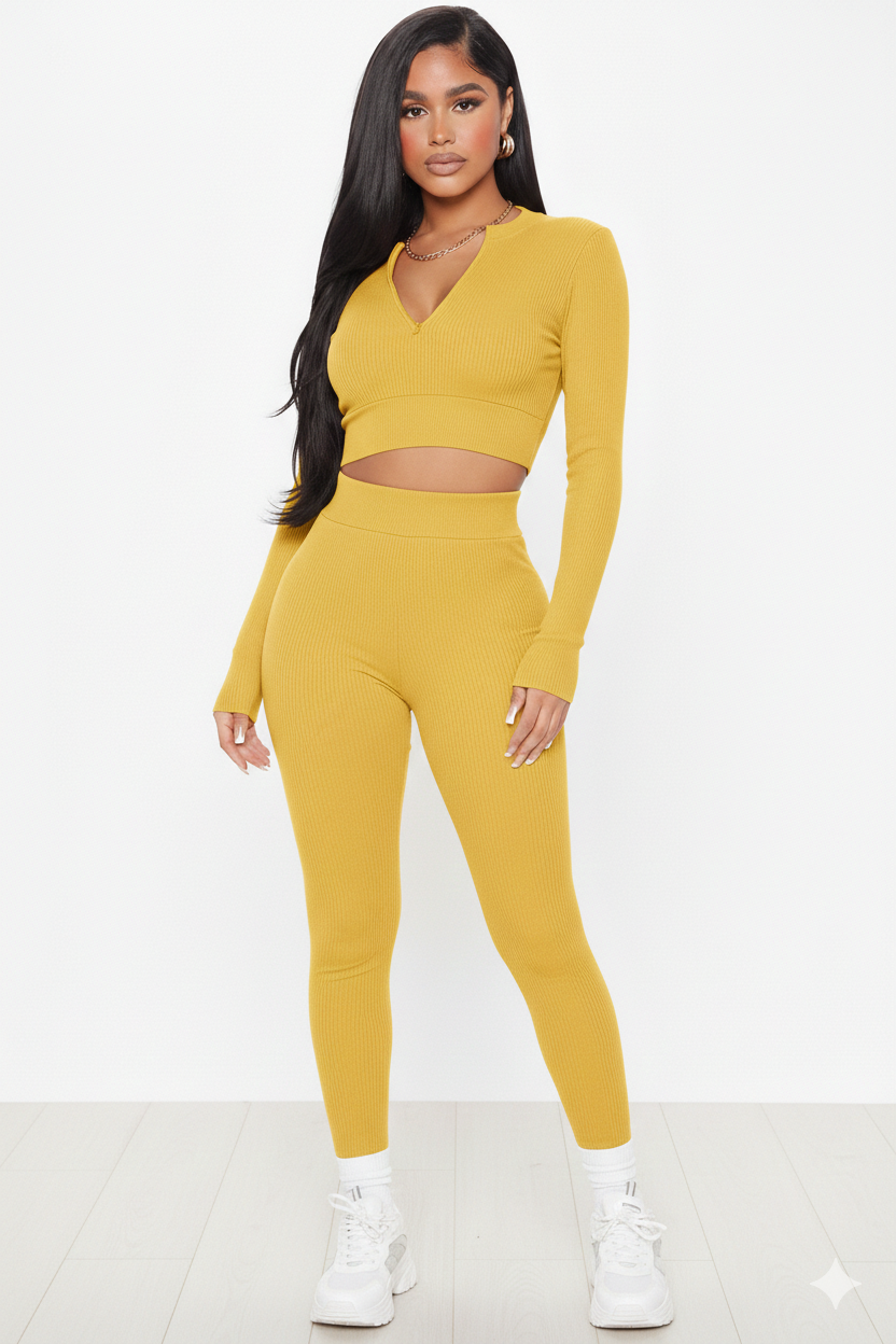 Women's Ribbed Seamless 2-Piece Set – Quarter-Zip Crop Top & Leggings