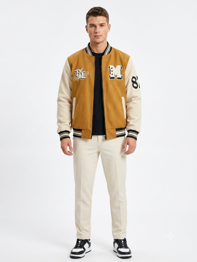 Men's Urban Varsity Bomber Jacket, Mustard, Off-White