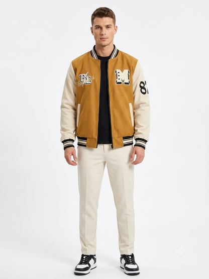 Men's Urban Varsity Bomber Jacket, Mustard, Off-White