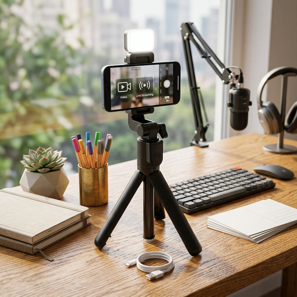 Selfie Stick Tripod with LED Light, Adjustable Phone Stand & Portable Camera Holder