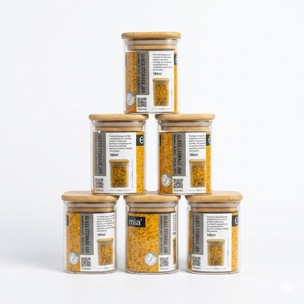 Set Of 6 Minimalistic Glass Storage Jars with Bamboo Lids - Various Sizes