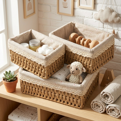 Rustic Woven Storage Baskets with Floral Lace Lining (3-Piece Set)