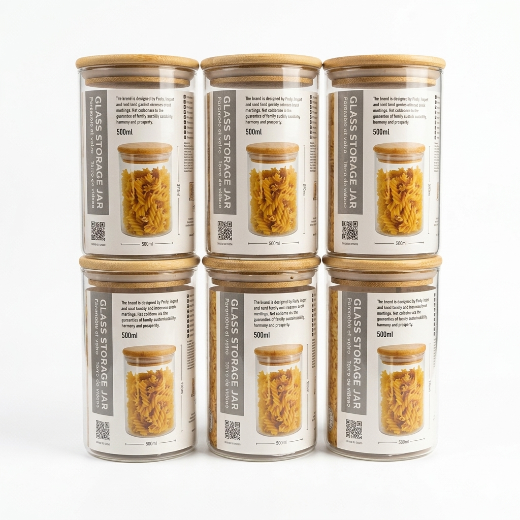 Set Of 6 Minimalistic Glass Storage Jars with Bamboo Lids - Various Sizes