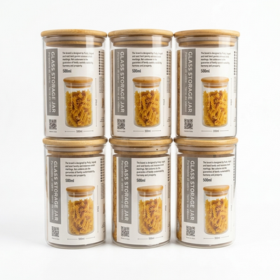 Set Of 6 Minimalistic Glass Storage Jars with Bamboo Lids - Various Sizes
