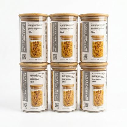 Set Of 6 Minimalistic Glass Storage Jars with Bamboo Lids - Various Sizes
