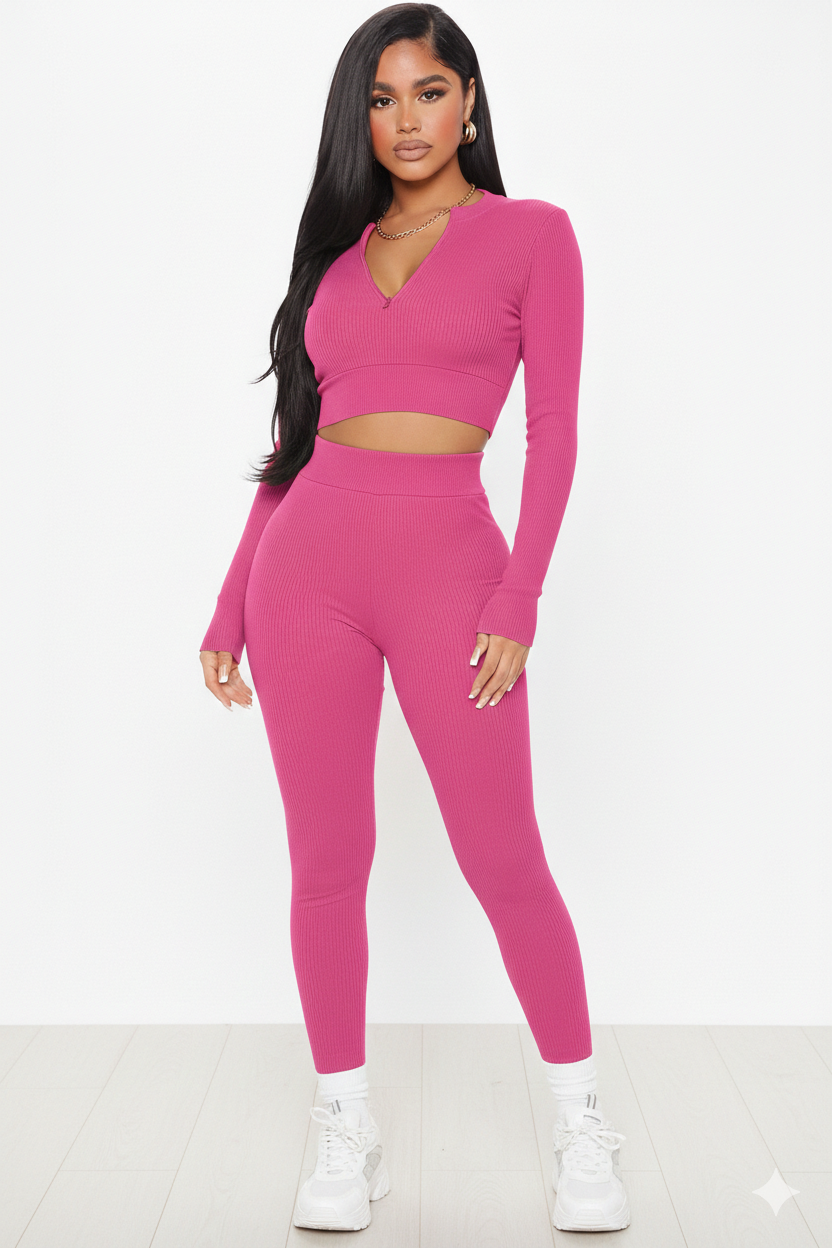 Women's Ribbed Seamless 2-Piece Set – Quarter-Zip Crop Top & Leggings