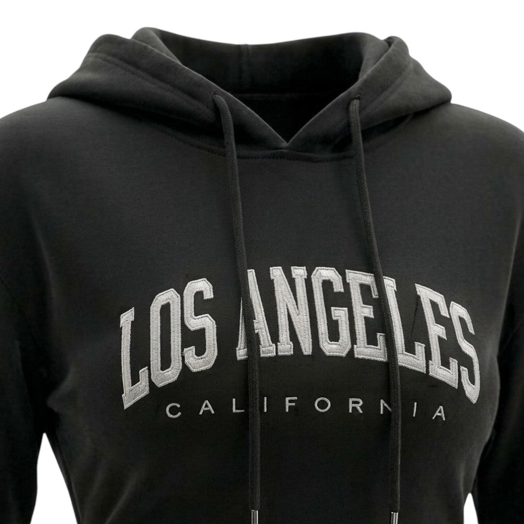 Glow-Up Ruched Hoodie Mini Dress Los Angeles Graphic Black