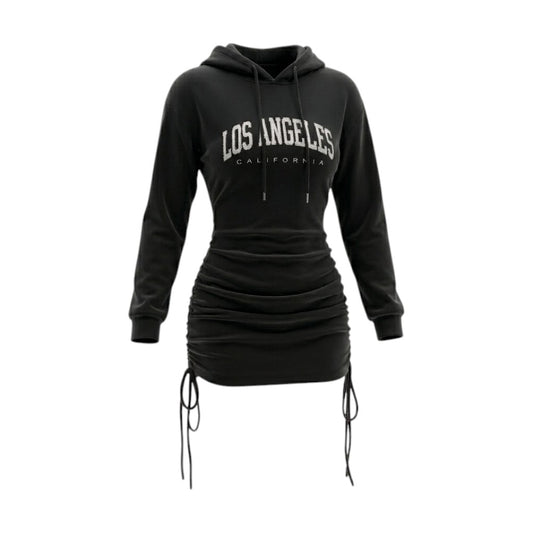 Glow-Up Ruched Hoodie Mini Dress Los Angeles Graphic Black