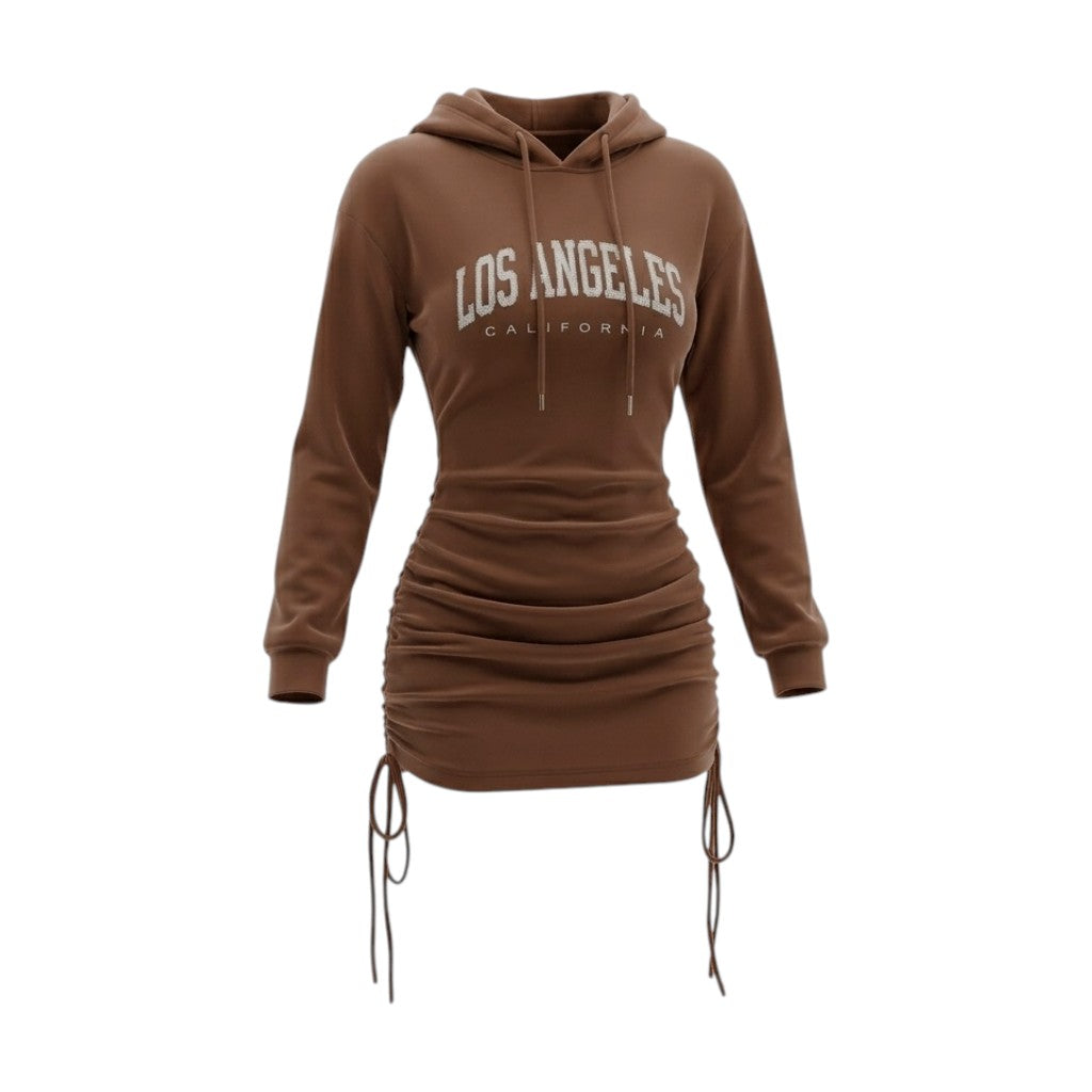 Glow-Up Ruched Hoodie Mini Dress Los Angeles Graphic Black