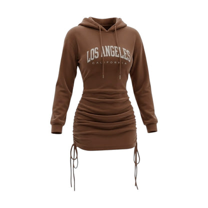 Glow-Up Ruched Hoodie Mini Dress Los Angeles Graphic Black