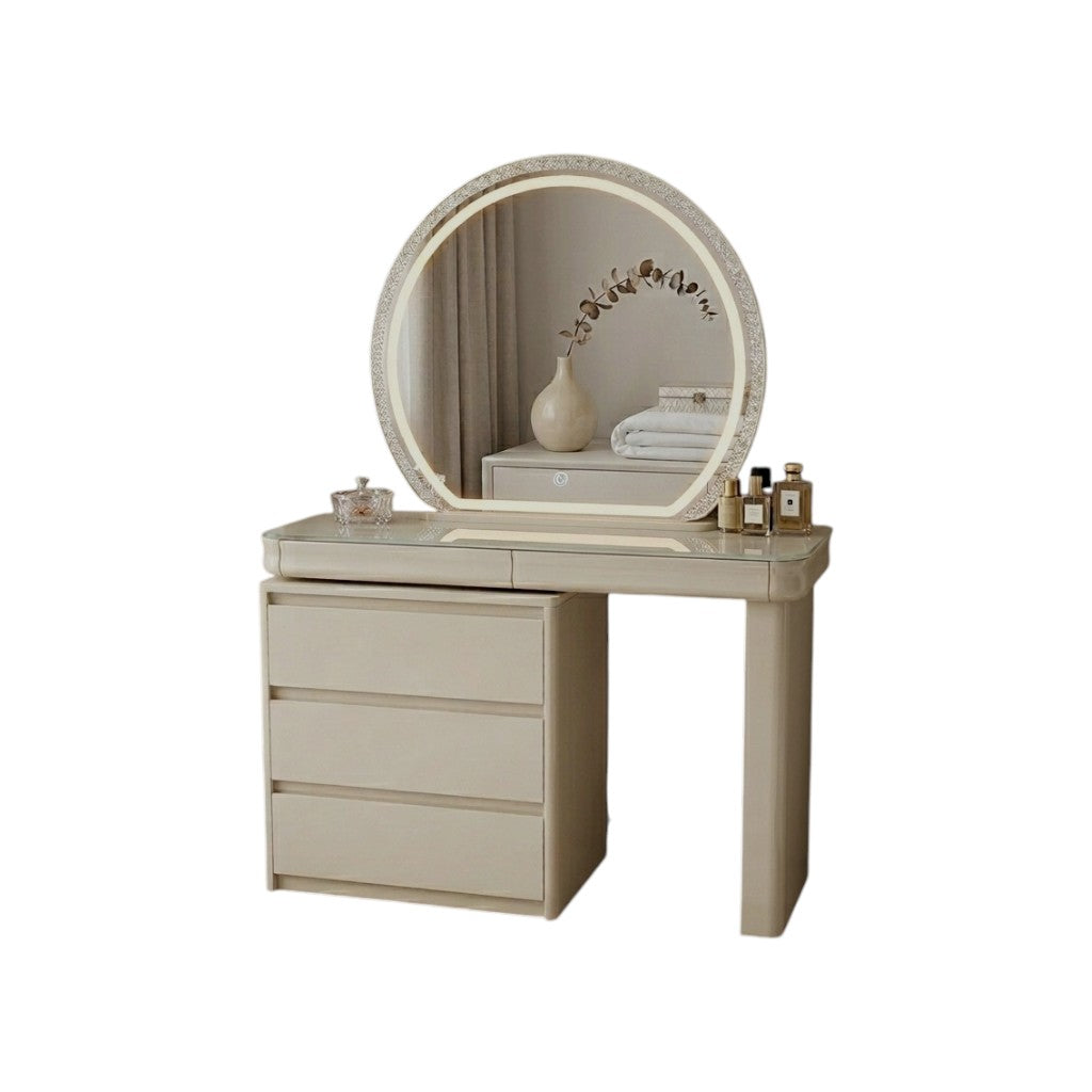 MHome Modern Vanity Dressing Table with LED Mirror – 3 Drawers, Glass Top, Cream Finish