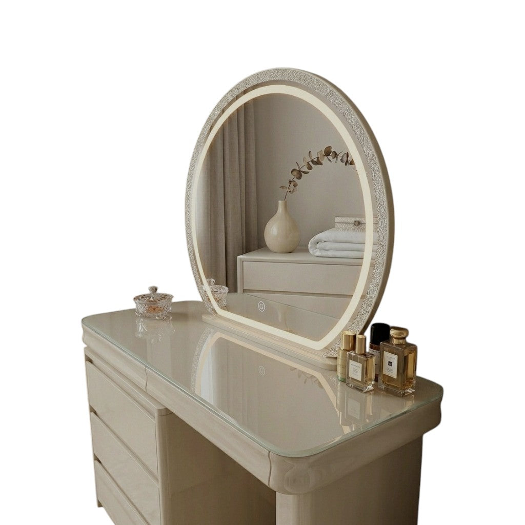 MHome Modern Vanity Dressing Table with LED Mirror – 3 Drawers, Glass Top, Cream Finish