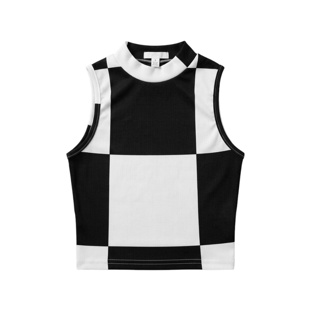 Retro Checkerboard Ribbed Crop Top – Sleeveless Mock Neck Slim Fit