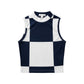 Retro Checkerboard Ribbed Crop Top – Sleeveless Mock Neck Slim Fit