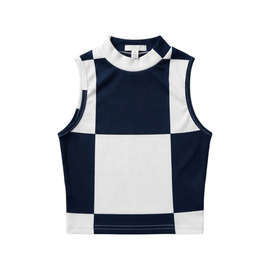 Retro Checkerboard Ribbed Crop Top – Sleeveless Mock Neck Slim Fit
