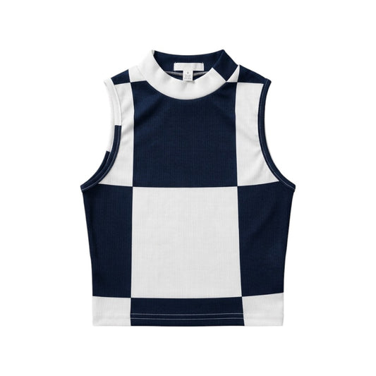 Retro Checkerboard Ribbed Crop Top – Sleeveless Mock Neck Slim Fit