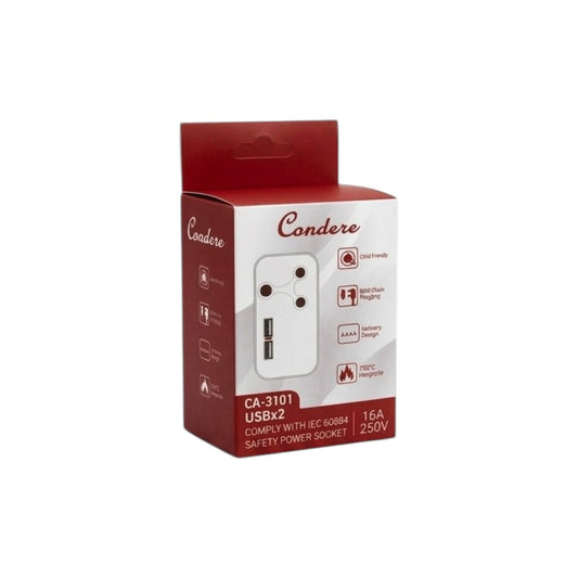 CA-3101 Socket Adapter with Dual USB-A – 16A 250V South African Plug Converter