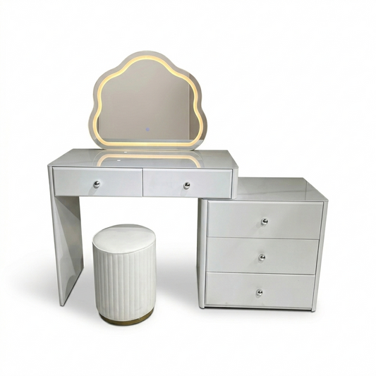 MFurn Modern White Dressing Table Set with LED Cloud Mirror