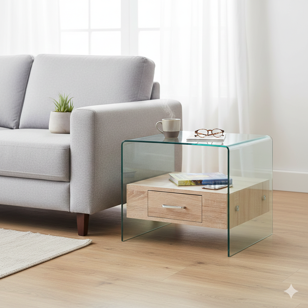 MFurn Coffee Table with Drawer 50 × 50 × 45 cm – Tempered Glass