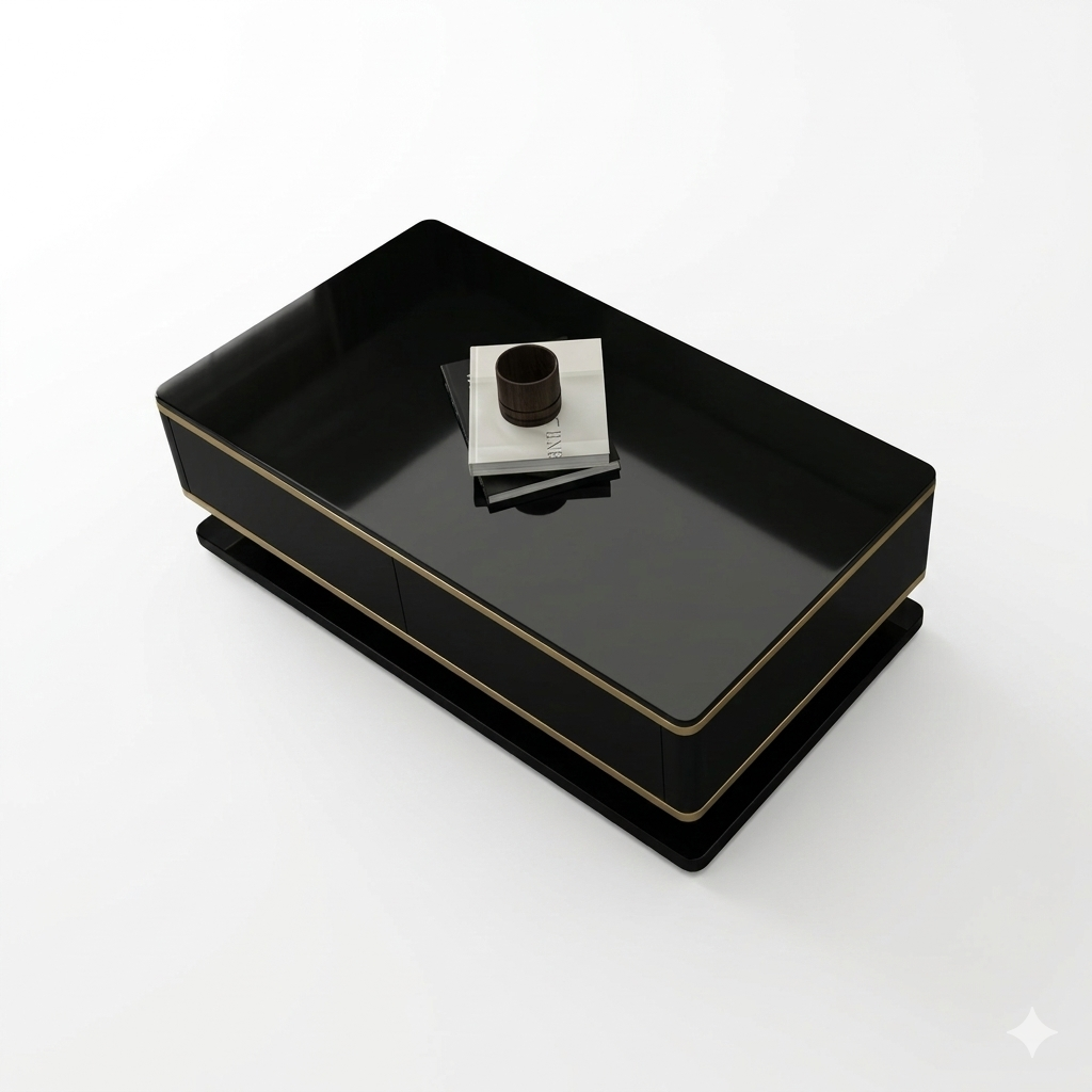 MFURN Obsidian Black Gloss Coffee Table with Gold Trim – 130cm