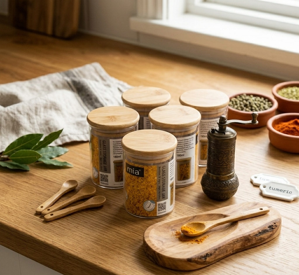 Set Of 6 Minimalistic Glass Storage Jars with Bamboo Lids - Various Sizes