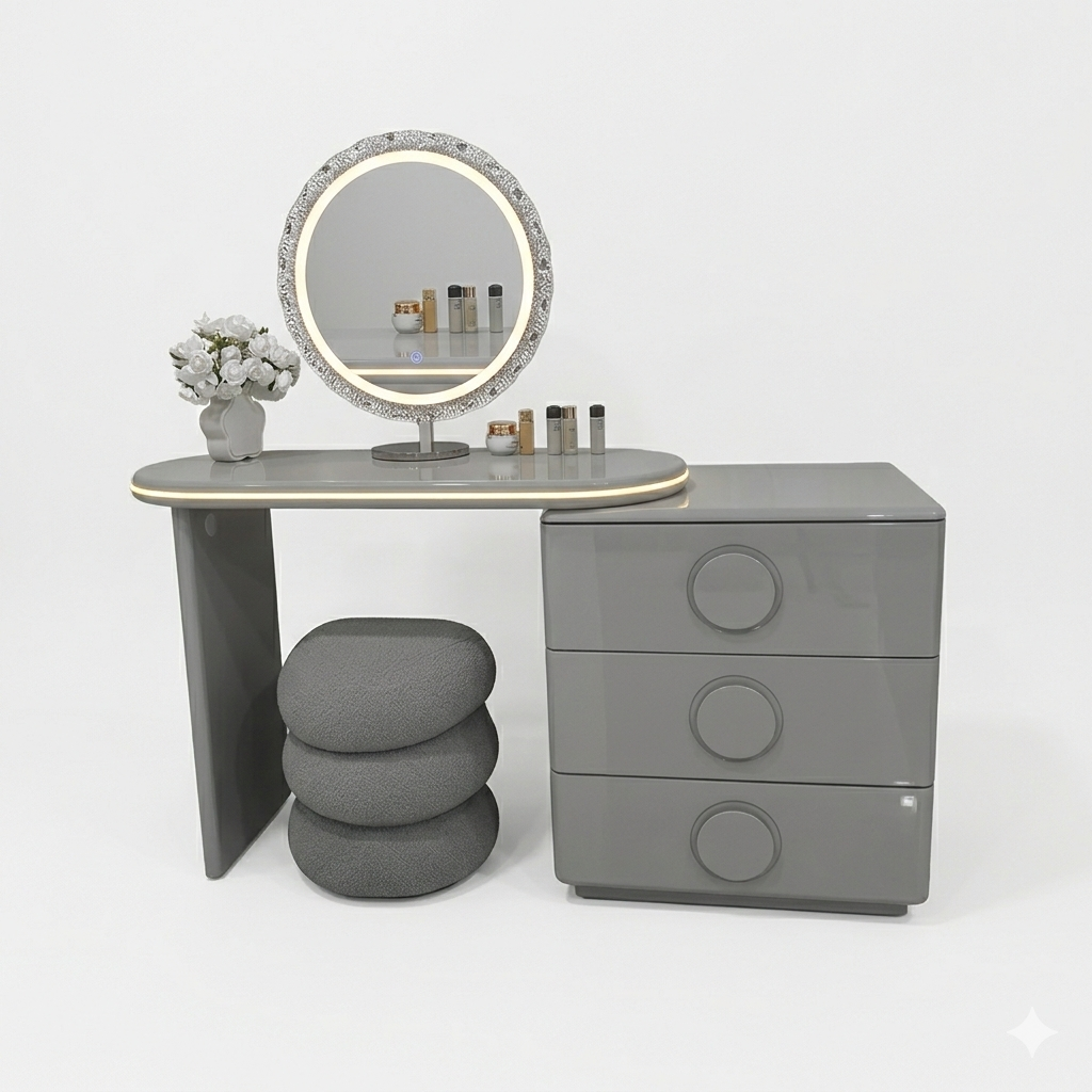 MFurn Glossy Grey LED Vanity Set with Bouclé Pebble Stool