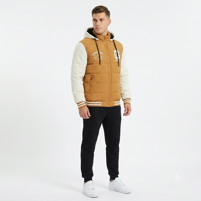 Men's Hooded Varsity Puffer Jacket – Caramel & Cream