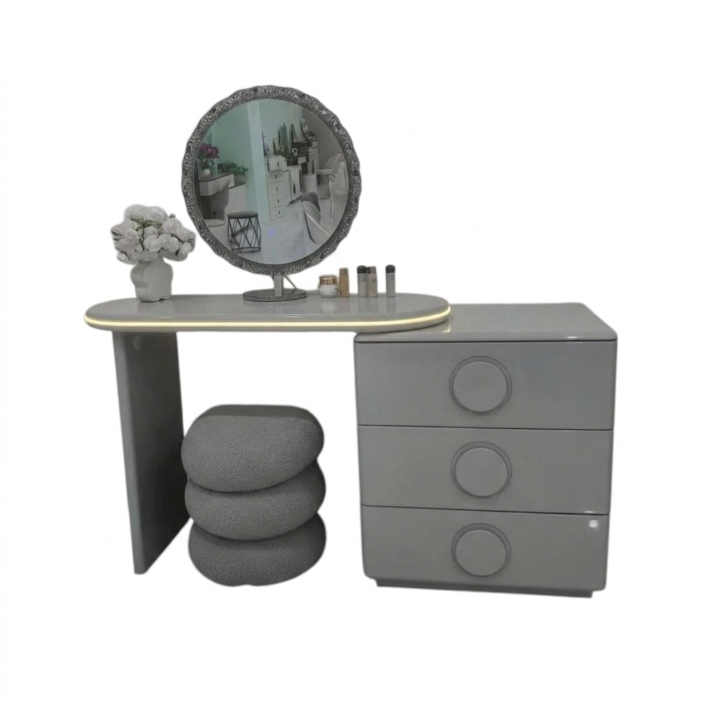 MFurn Glossy Grey LED Vanity Set with Bouclé Pebble Stool