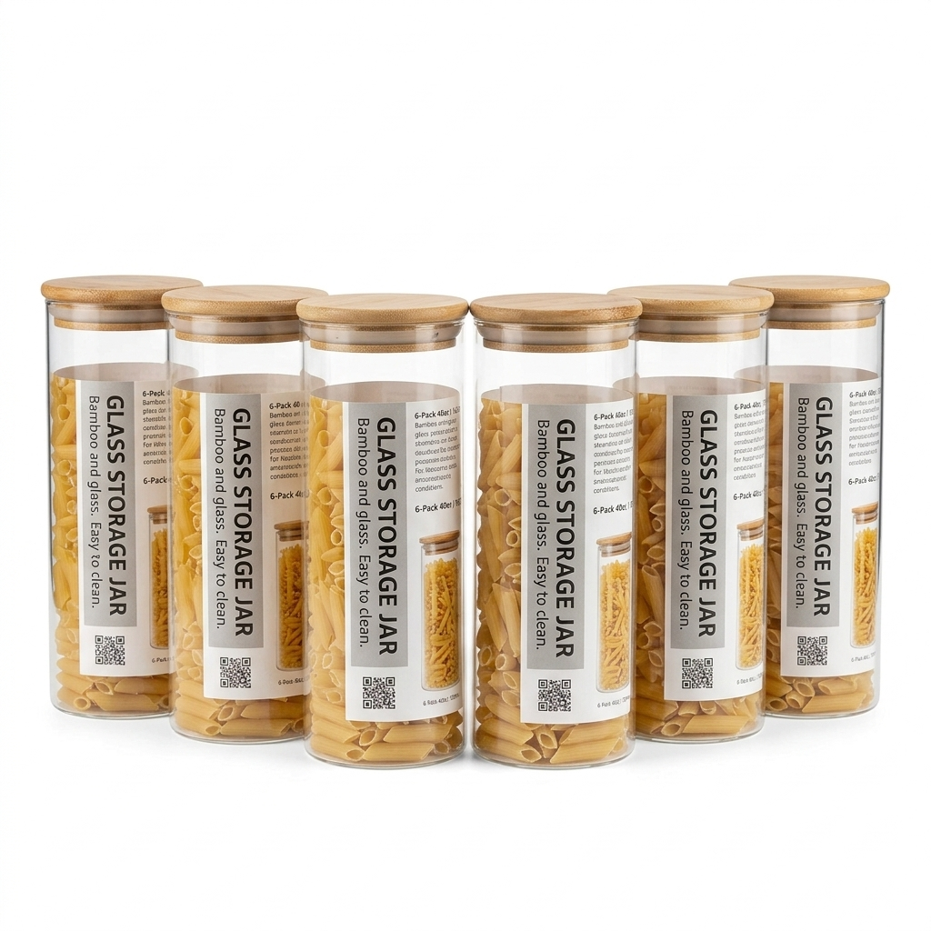 Set Of 6 Minimalistic Glass Storage Jars with Bamboo Lids - Various Sizes