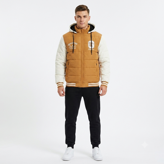 Men's Hooded Varsity Puffer Jacket – Caramel & Cream
