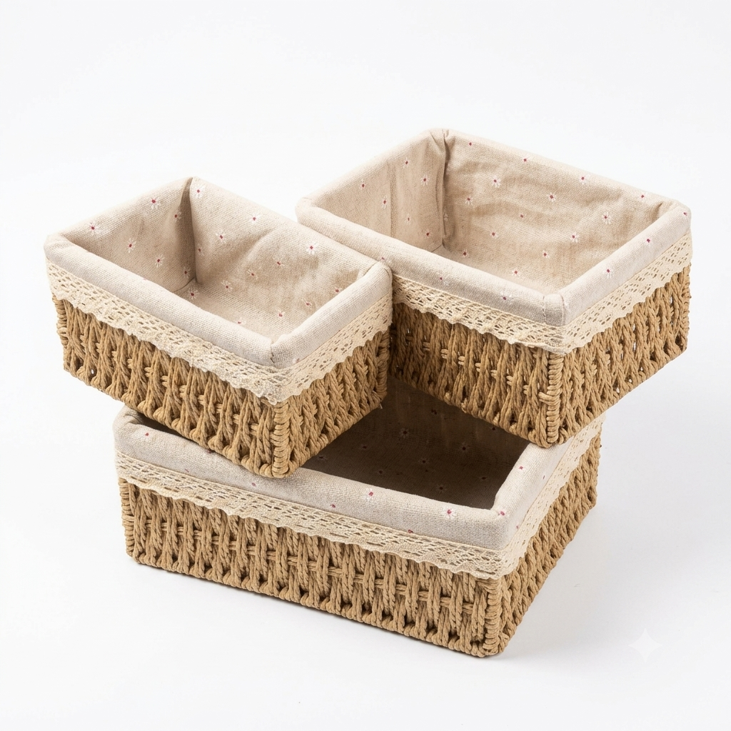 Rustic Woven Storage Baskets with Floral Lace Lining (3-Piece Set)