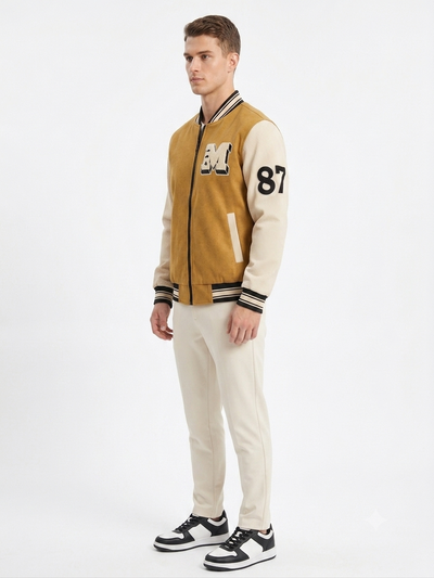 Men's Urban Varsity Bomber Jacket, Mustard, Off-White