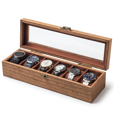 Watch Box for Men and Women - Large Glass Lid, Wooden Display Storage Case With 6 Slots