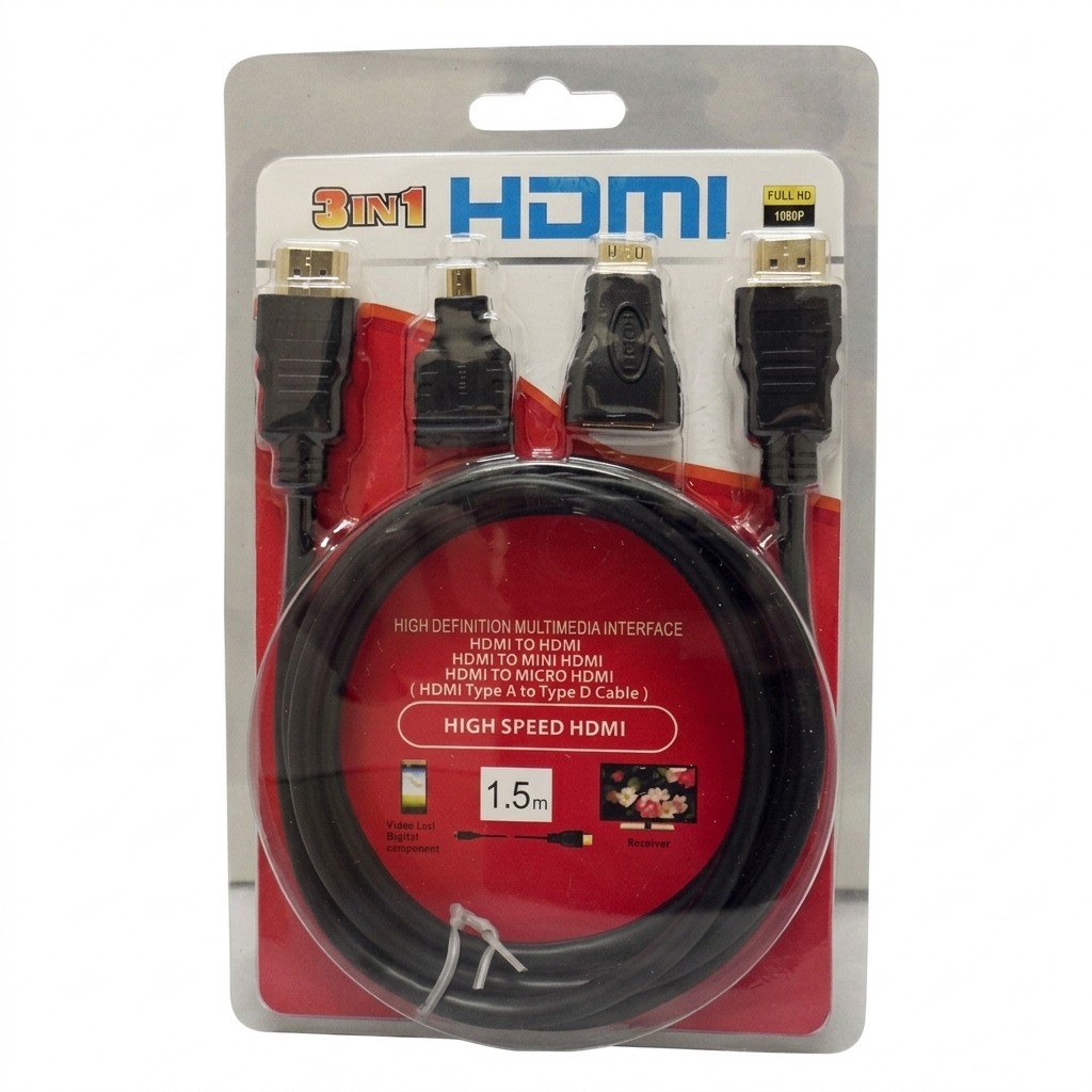 3-in-1 HDMI To HDMI Cable Kit 1.5M With Mini HDMI &Micro HDMI Adapters